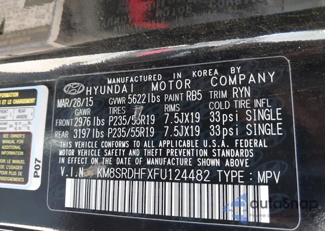 2015 Hyundai Santa Fe Limited from USA, damaged, VIN KM8SRDHFXFU124482